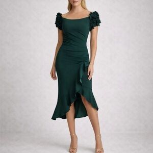 Laura Emerald Green Off the Shoulder Ruffle Sleeve Midi Dress